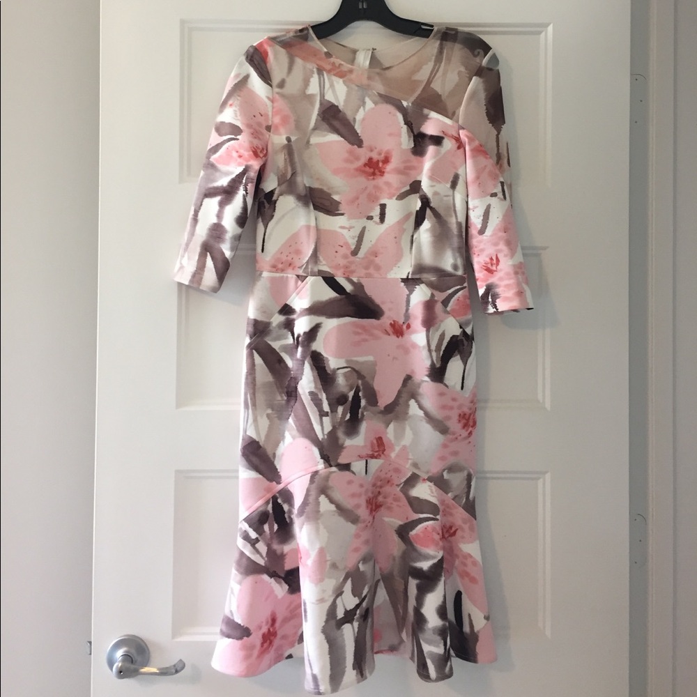 Teri Jon Pink and Taupe Floral Midi Dress